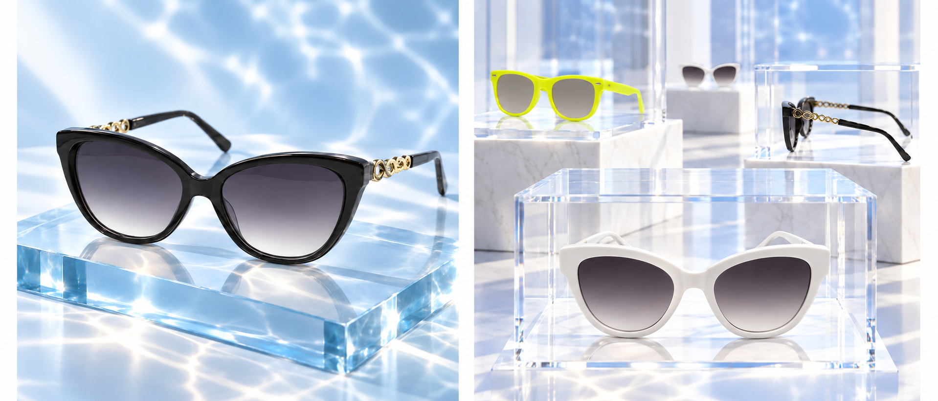 Cat-eye sunglasses displayed on ice-blue glass plinths